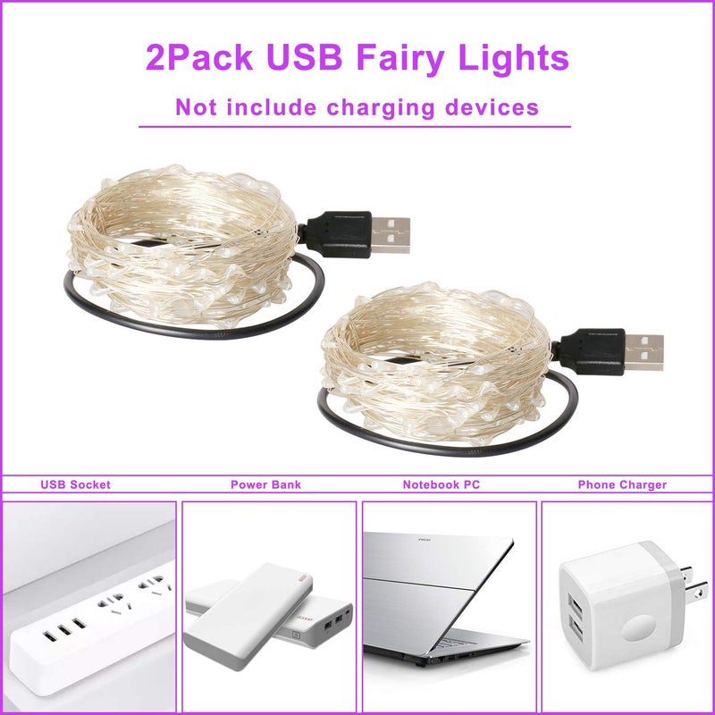 Blingstar أضواء الجنية المدعومة بواسطة USB من بلينغستار، عبوة 2، 33 قدم، 100 LED، سلك فضي مرن، أضواء خيطية صغيرة لشجرة عيد الميلاد/الهالوين/غرفة النوم/التخييم/تزيين العطلات، بنفسجي - Image 2